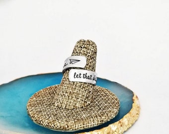 Personalized Stamped Ring: Paper Airplane, Custom Silver Wrap Ring