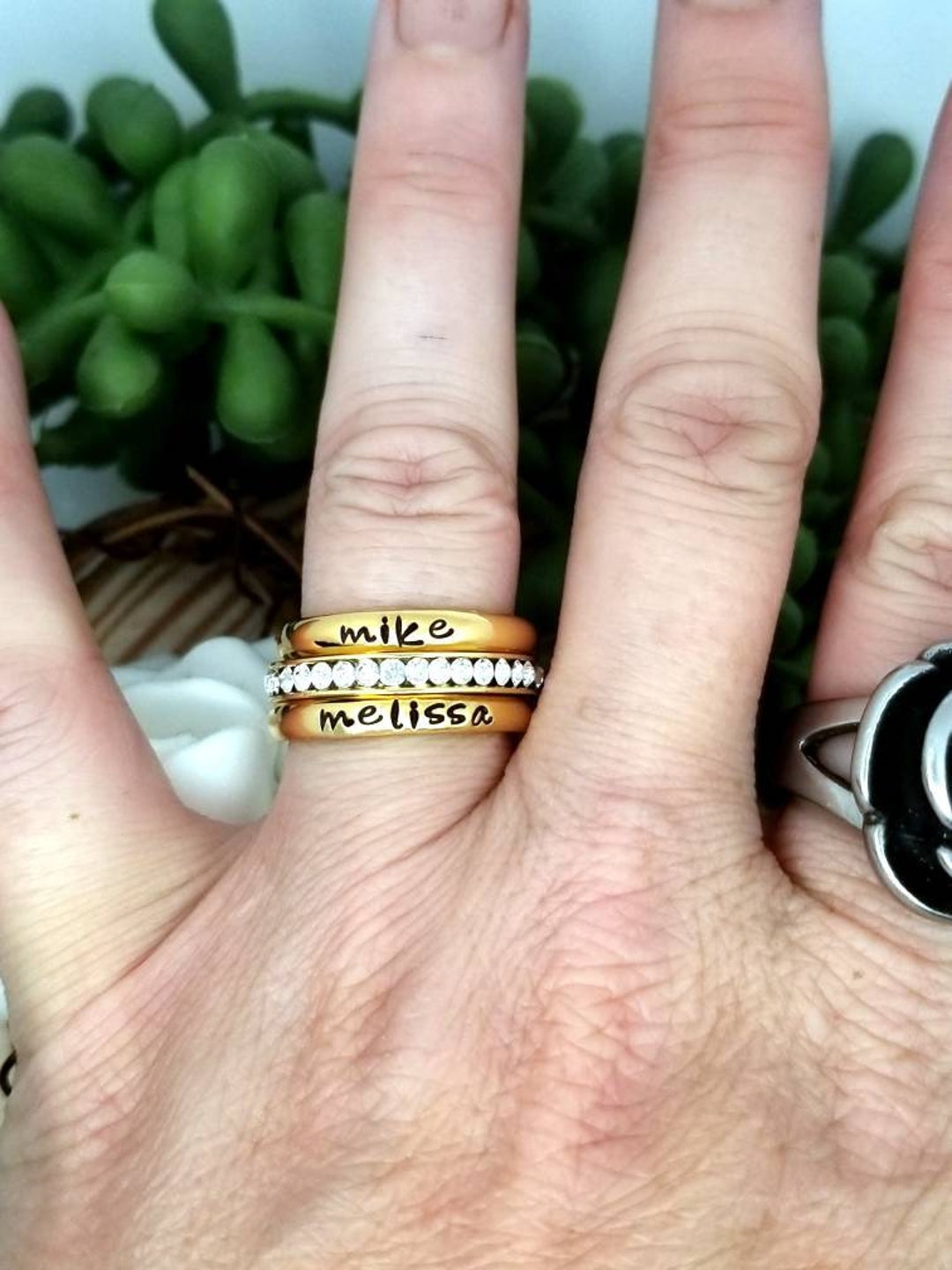 Stacking Rings Personalized Gold Plated Stacking Ring: Hand Stamped Personalized Name, Birthstone ...