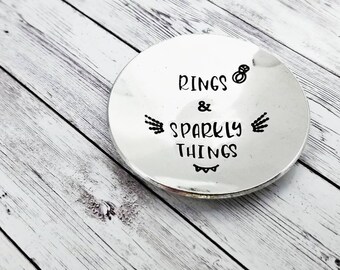 Personalized Ring Dish, Rings and Sparkly Things, Womans Ring Dish, Ring Dish for bathroom, Ring Dish for vanity, Non Rust Metal Ring Dish