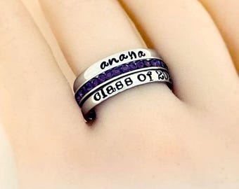 Personalized Stainless Steel Graduation Ring: Stacking Birthstone Ring