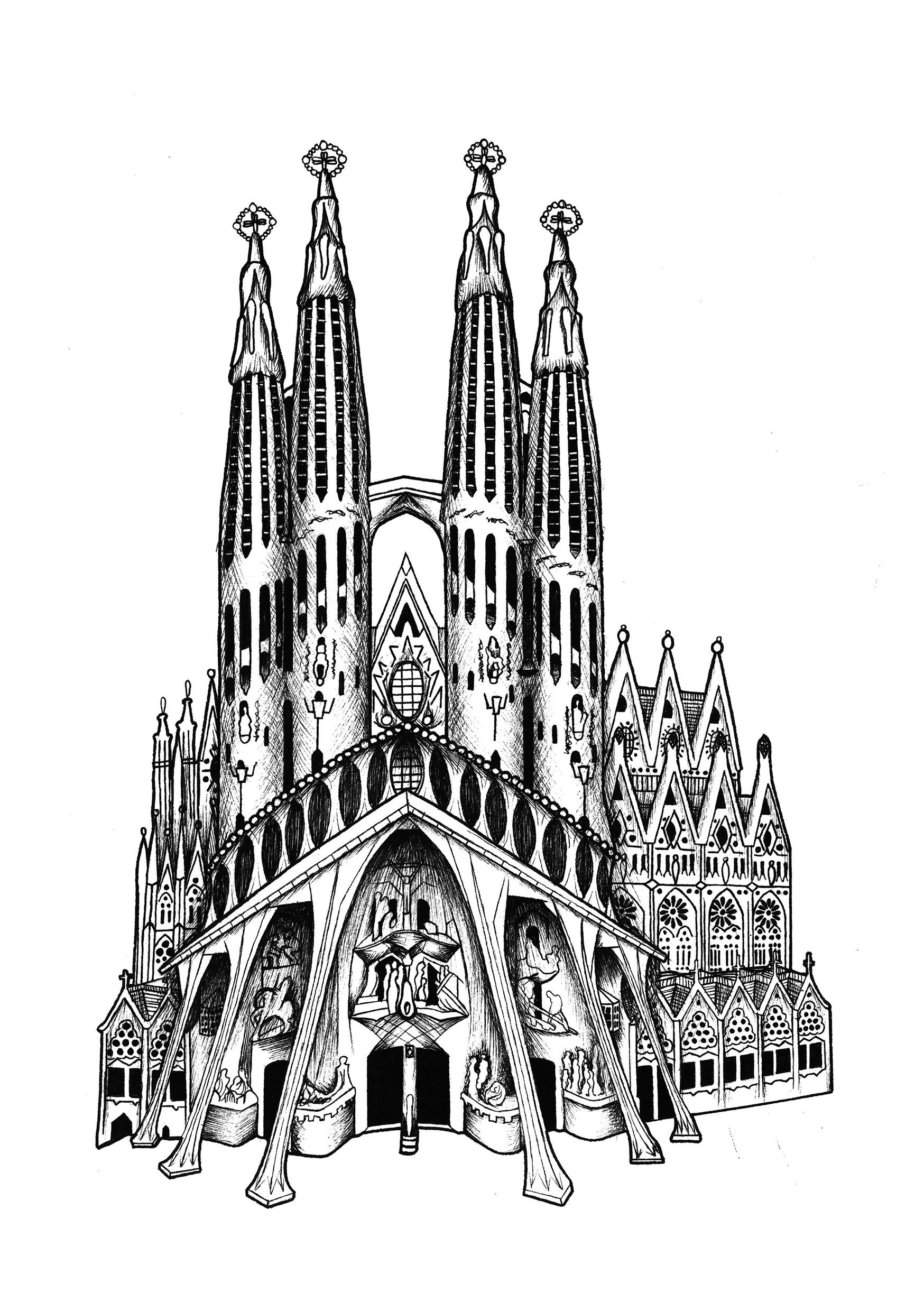 Sagrada Familia A5/A4 Detailed Handdrawn Architectural Drawing
