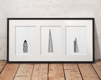 London Skyscrapers, Set of 3 A5 drawings - The Shard - Leadenhall Building - The Gherkin - Detailed Hand-drawn Architectural Drawings