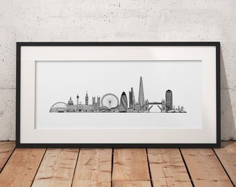 London Skyline Drawing A2 - London Landmarks Drawing - London Cityscape - Dessin architectural détaillé dessiné à la main - London Wall Art