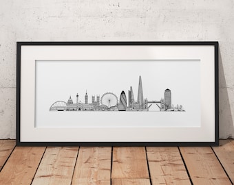 London Skyline Drawing A2 - London Landmarks Drawing - London Cityscape - Detailed Hand Drawn Architectural Drawing - London Wall Art