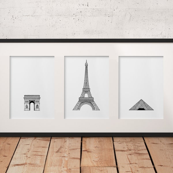 Paris Landmarks Set of 3 A5 drawings - Eiffel Tower - Arc de Triomphe - Louvre - Detailed Hand-drawn Architectural Drawing - Modern Wall Art