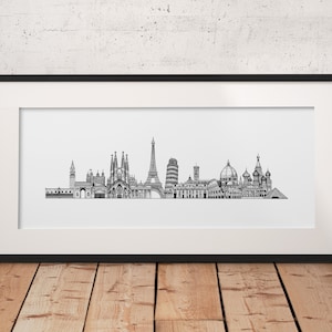 Europe Skyline Drawing A2 - Europe Landmarks Drawing - Europe Cityscape - Detailed Hand Drawn Architectural Drawing - Modern Wall Decor