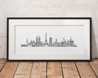 Europe Skyline Drawing A2 - Europe Landmarks Drawing - Europe Cityscape - Detailed Hand Drawn Architectural Drawing - Modern Wall Decor