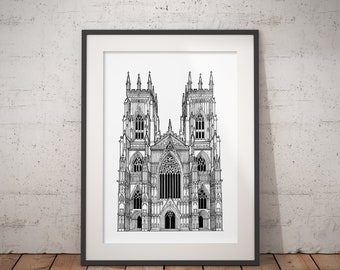 York Minster A5/A4 Detailed Hand-drawn Architectural Drawing - York Wall Art - Modern Room Decor