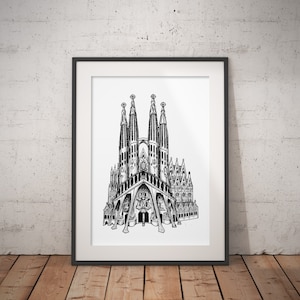 Sagrada Familia A5/A4 Szczegółowy ręcznie rysowany rysunek architektoniczny - Barcelona Wall Art - Nowoczesny wystrój pokoju