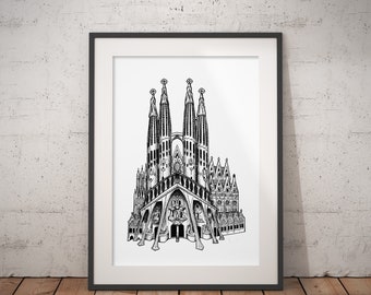 Sagrada Familia A5/A4 Detailed Hand-drawn Architectural Drawing - Barcelona Wall Art - Modern Room Decor