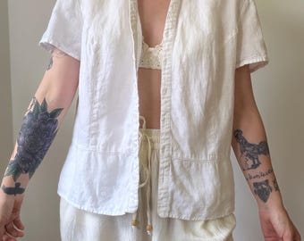 Blusa vintage minimalista de lino blanco puro de los años 90 (Talla L)