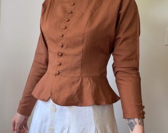 1970's Victorian inspired peplum silk blouse in Copper (Small)