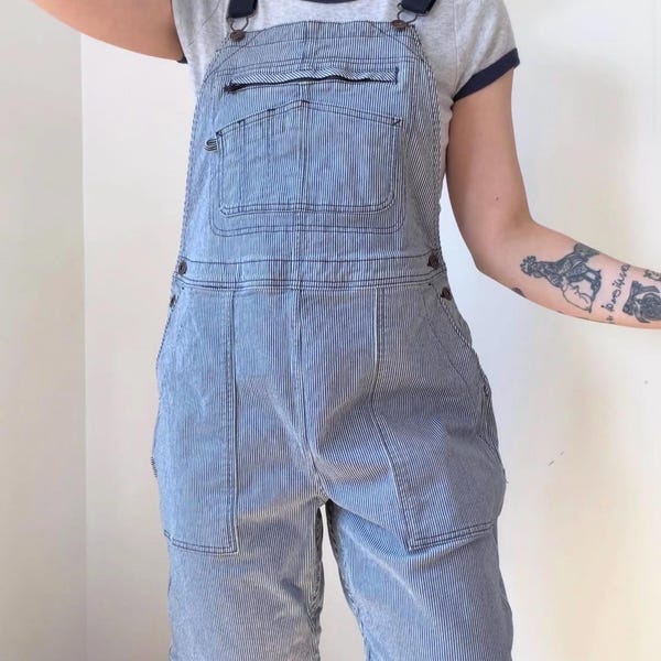 Heirloom gardening railroad stripe shortalls 100% cotton