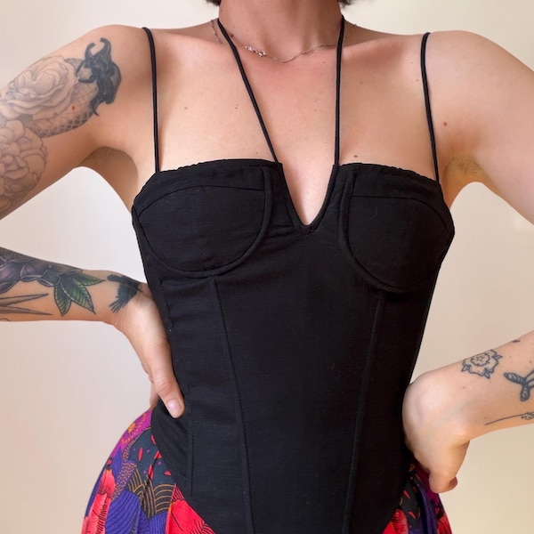Linen/viscose blend minimalist black corset top (S)