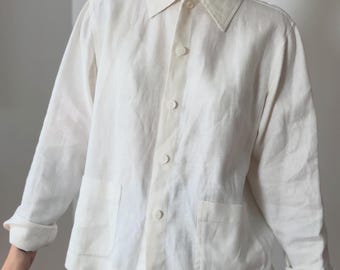 ヴィンテージ 90年代 ミニマリスト ホワイト リネン シャツジャケット ラージ