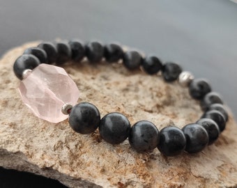 Larvikite with rose quartz, unique, bracelet, flexible, handmade