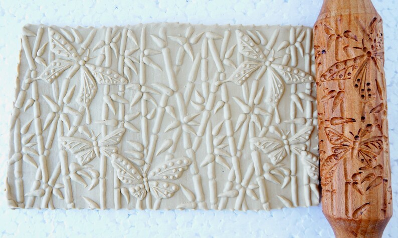 Rolling pin Ceramic tool. Bamboo butterflies