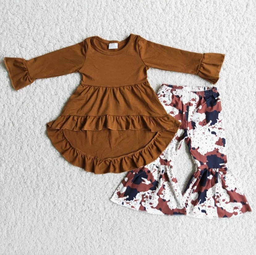 Brown High Low Tunic Cow Print Pants 