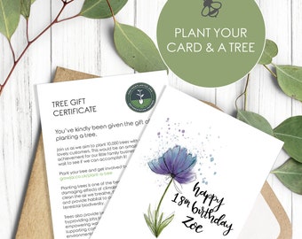 Happy 18th Birthday Plantable Seeded Wildflower Cards Eco Friendly including Certificate to Plant their Own Tree at a Reforestation Project