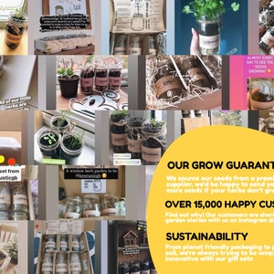 May include: A collage of images showcasing a variety of herb garden kits in glass jars. The kits feature different herbs, including coriander, chives, and basil. The images also include text about the company's grow guarantee and sustainability practices.  The text states that the company sources seeds from a premium UK supplier and offers a grow guarantee. The text also mentions that the company uses planet-friendly packaging and peat-free compost.