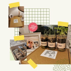 May include: A brown cardboard box with the text "Indoor Herb Garden DIY Set" on a white sticker. Three glass jars with plants are visible, labelled "Rosemary", "Chives", and "Basil".
