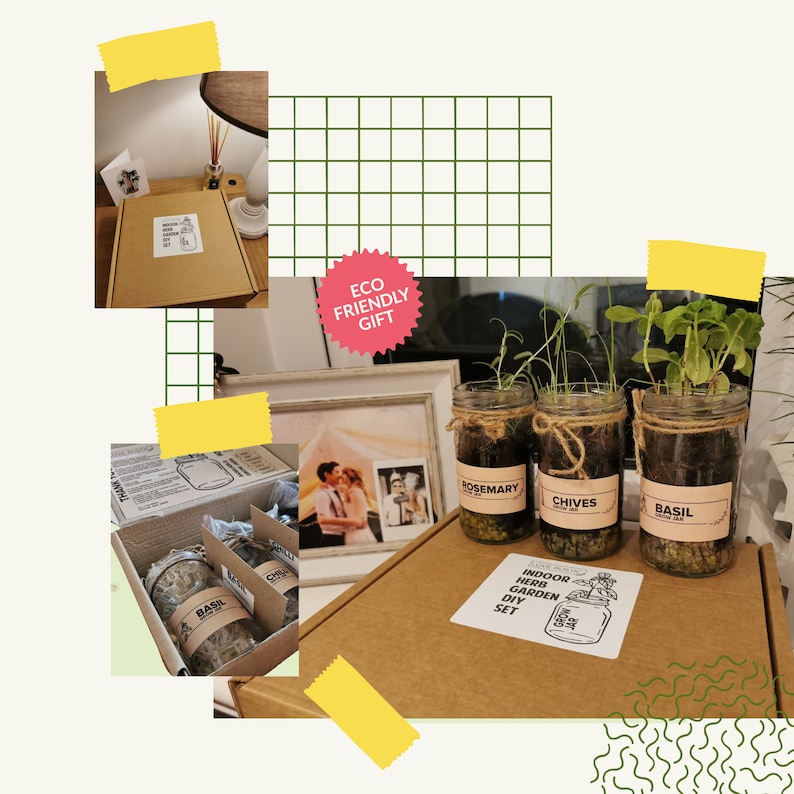 May include: A brown cardboard box with the text "Indoor Herb Garden DIY Set" on a white sticker. Three glass jars with plants are visible, labelled "Rosemary", "Chives", and "Basil".