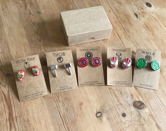 Set of 4-8 Sets of Superhero Marvel Cufflinks with Kraft Gift Cards: Thor, Spiderman, Captain America, Iron Man, Groot, Black Panther,