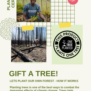 May include: A green and black circular sticker with the text "This product plants one tree" and a small tree icon. The sticker is on a light green background.