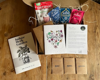 Mothers Day Gift Hamper - Indoor Herb Garden Set plus Seeded Mothers Day Card, Sweets & Herbal Teas