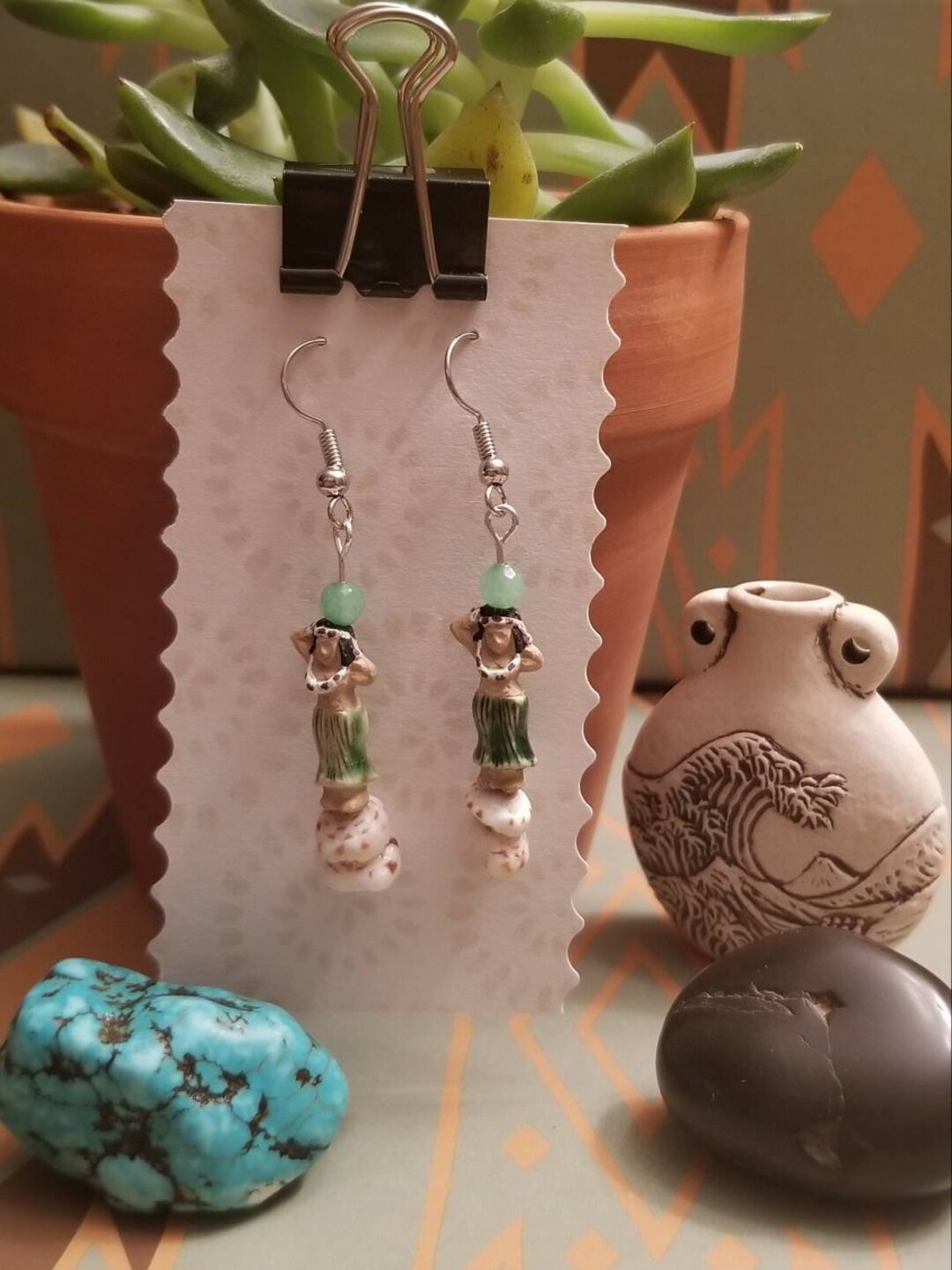 Hula Girl Earrings, Jade Natural Gemstone, Sea Shells Etsy