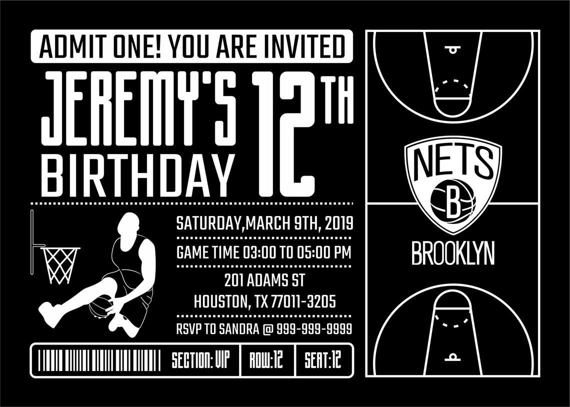 Brooklyn Nets Invitation Birthday Invitations Nets Party Etsy