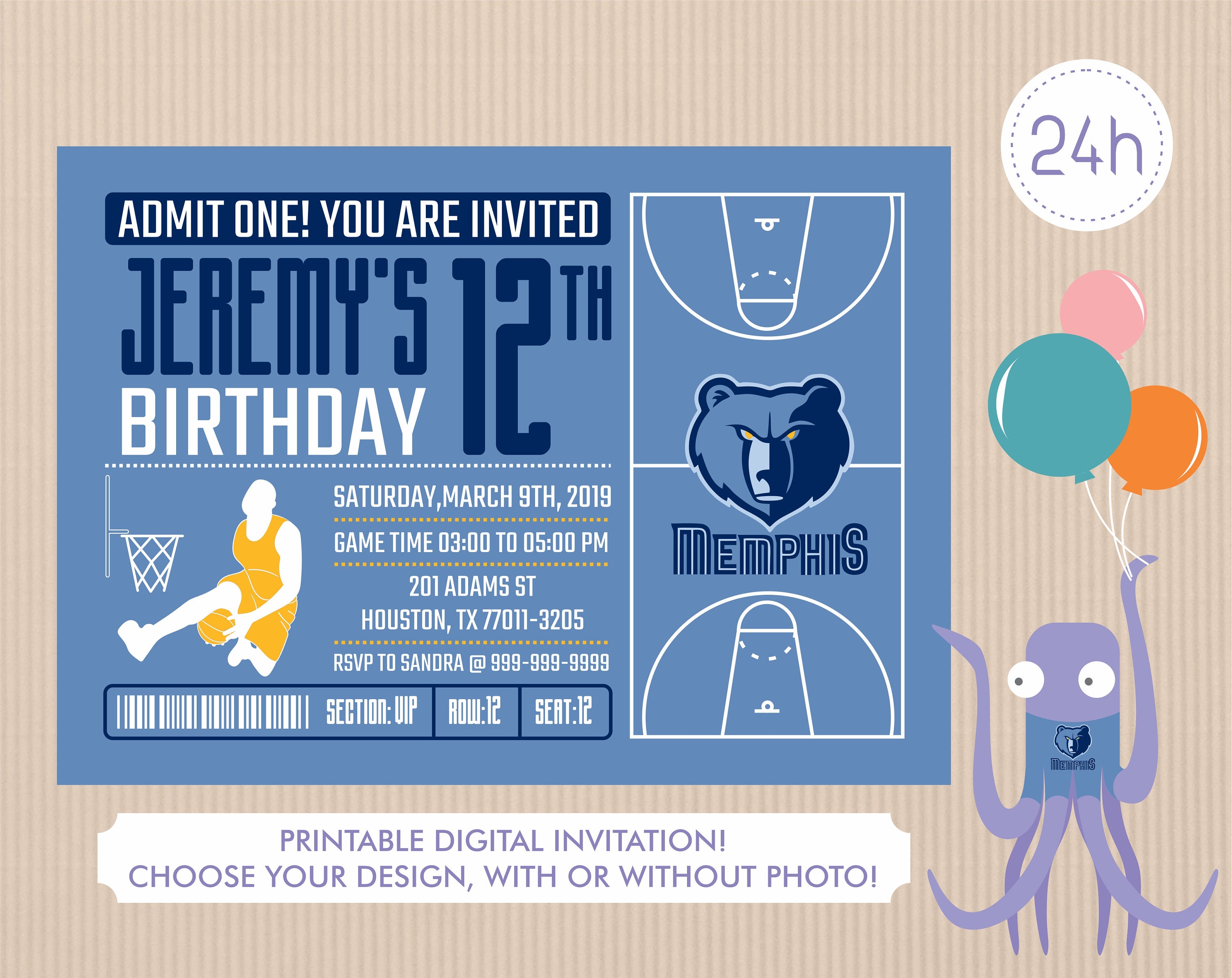 Memphis Grizzlies Invitation Birthday Invitations Grizzlies Etsy UK