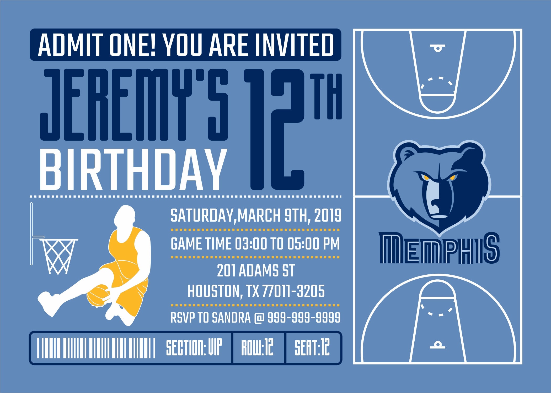Memphis Grizzlies Invitation Birthday Invitations Grizzlies Etsy UK