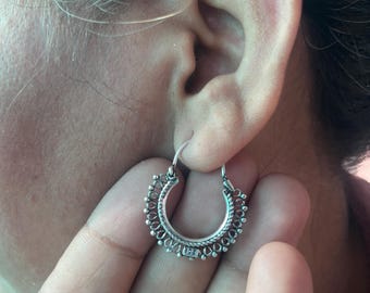 Handmade 925 Sterling Silver Hoop Earrings, Boho Tribal Bali Hoop Earrings, Vintage Ethnic Statement Earrings for Women, Gift for Her