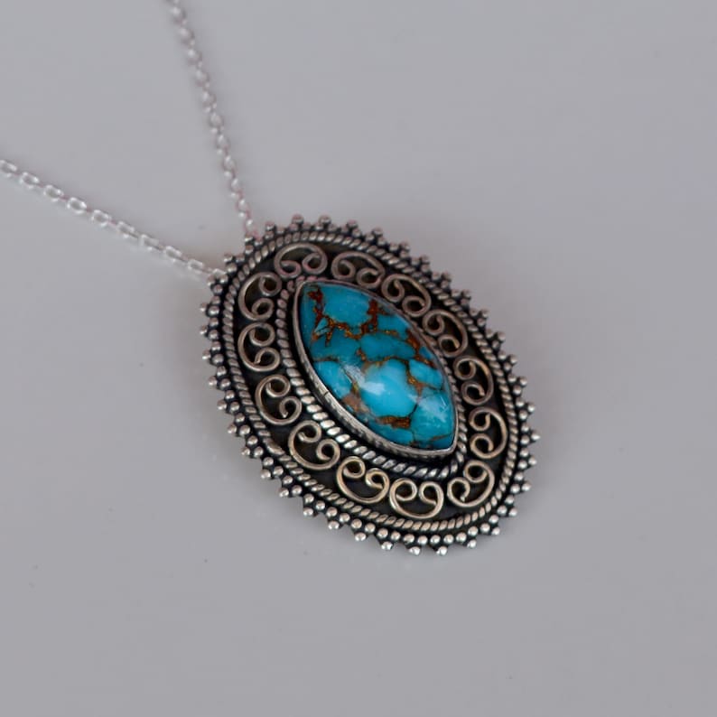 Happy Mother\u2019s Day Antique Style Handmade Natural Blue Cooper Turquoise 925 Starling Silver Necklace Amazing Genuine Necklace Jewelry