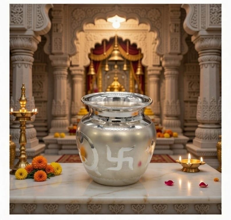 999 Pure Fine Silver Kalash with Swastik & Om | Hindu Puja Kalash | Sacred Pooja Vessel | Temple Decor | Spiritual Gift image 3