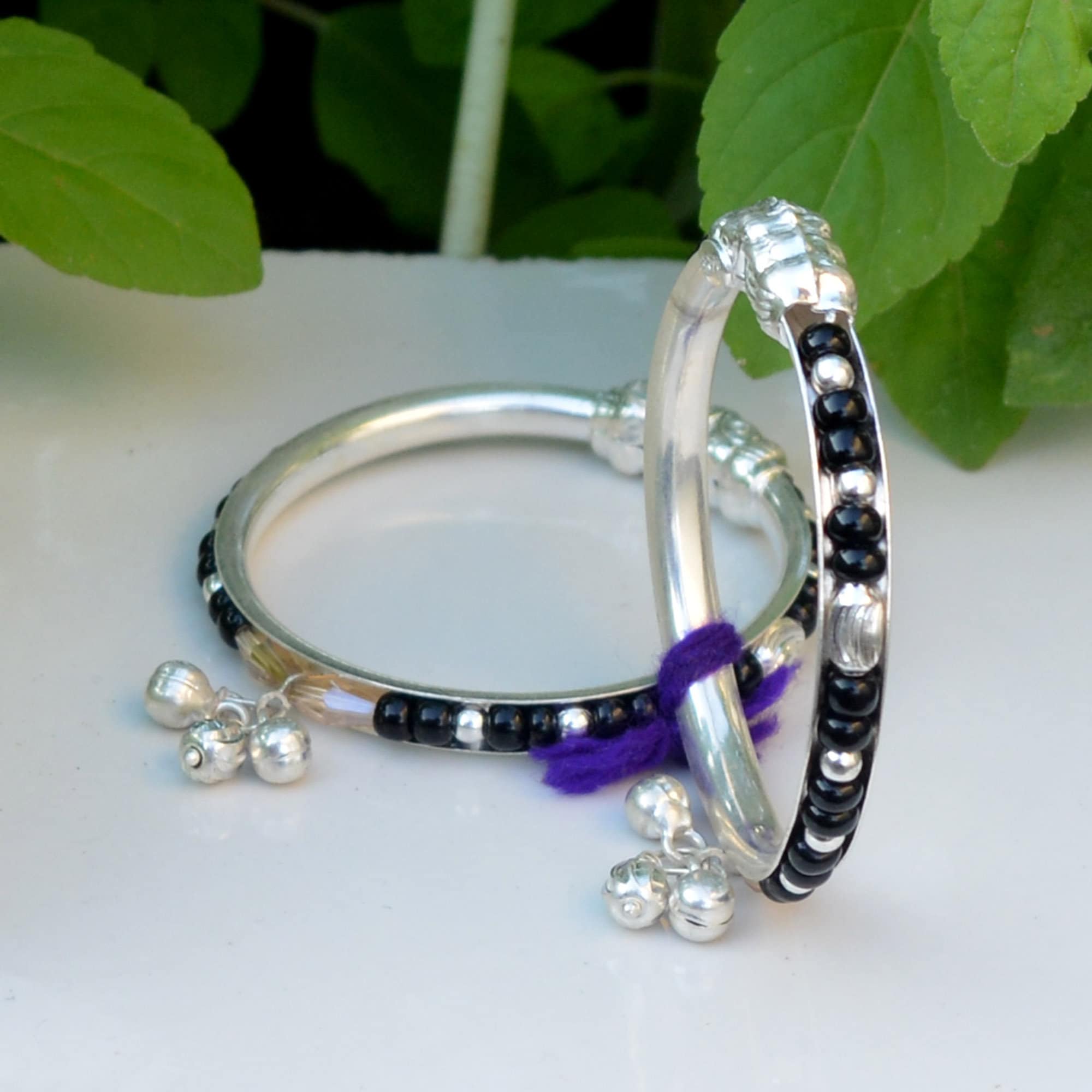 Silver baby bracelets with black beads shop