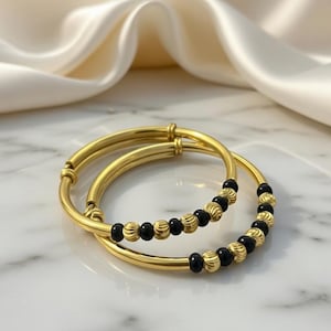 925 Sterling Silver Baby Bangle with Black Beads, Infant Protection Jewelry,Nazriyay Bangle For Baby With Gold Polished Bangles