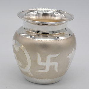 Kalash Pure Silver Om and Swastik Design Kalash, Pure Silver Kalash Pot for Puja, unique special silver puja article, Milk and Water Kalash