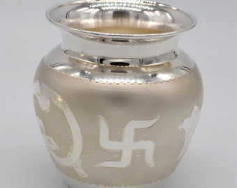 Kalash Pure Silver Om and Swastik Design Kalash, Pure Silver Kalash Pot for Puja, unique special silver puja article, Milk and Water Kalash