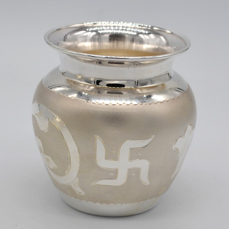 Silver Kalash with Swastik & Om | Hindu Puja Kalash | Sacred Pooja Vessel | Temple Decor | Spiritual Gift