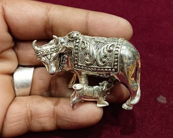 92.5 Sterling Silver Cow with Calf Idol / Home Decorative Kamdhenu Cow and Calf / Home Decor Cow and calf idol and Decorative Gift Items