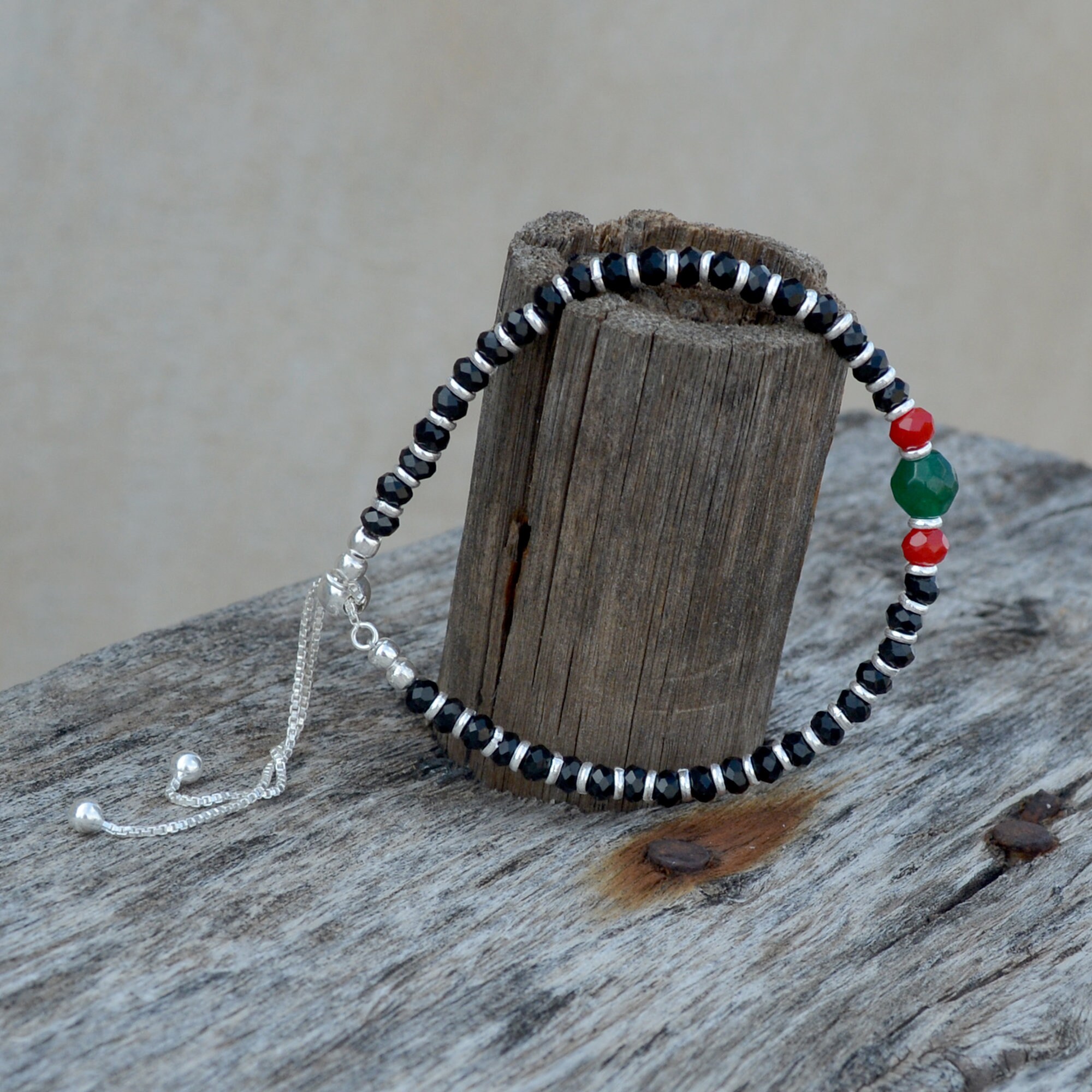 Sterling Silver Bracelet: Black Crystal Beaded 925 Silver, 4.5