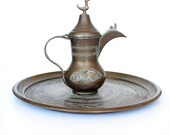 Vintage, Brass, Coffee Pot, Tray, Israel, Home Decor, Gift, Vintage coffee set, coffee decor, brass tray, patina, coffee, Israel Art
