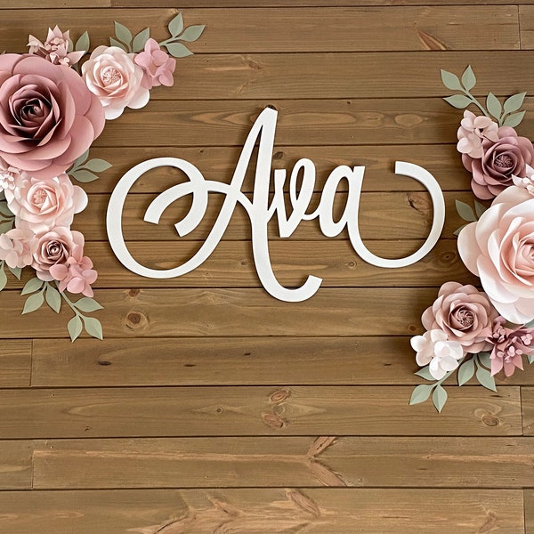 Nursery Wooden Name Sign - Nursery Baby's Name Sign - Name sign to Match Paper flowers - Custom Name Sign - Wooden Sign Nursery Swirly font