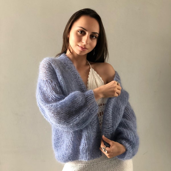 Cardigan fin en Mohair « Bleu Ciel »