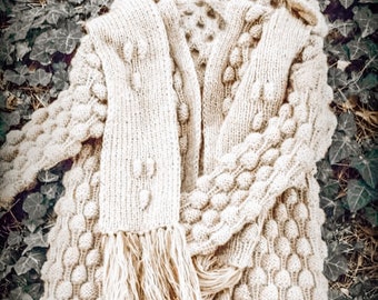 Chunky PomPom & cozy warm cardigan with removable hat-scarf / coat cardigan / Any Color / Winter Collection / Acrylic wool