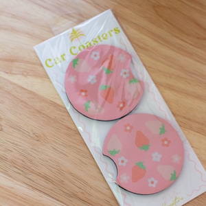 Strawberry Floral Car Coaster | Cute Car Coaster | Neoprene Coaster | Set of 2 Car Coasters | Cute Car Accessories | Strawberry Art