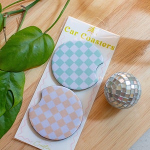 Pastel Checkers Car Coaster | Cute Car Coaster | Neoprene Coaster | Set of 2 Car Coasters | Cute Car Accessories