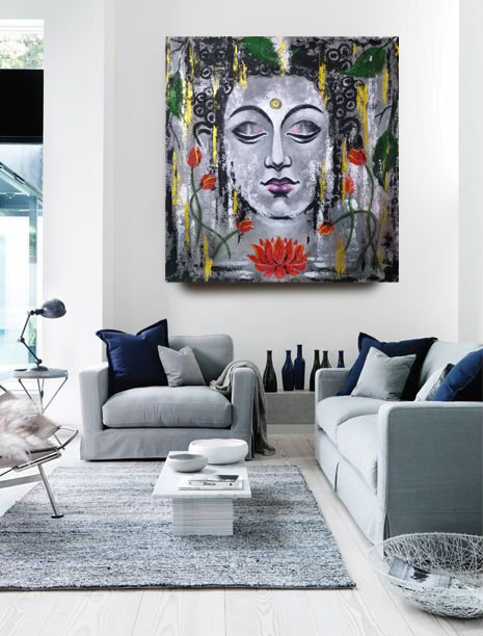 Grey Buddha in Abstract Background Acrylic on Canvas Beautiful Wall Art Gold Grey Size